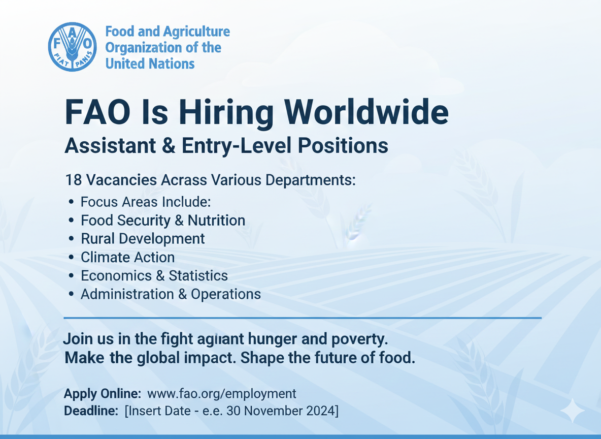 FAO Is Hiring for 18 Assistant & Entry-Level Vacancies Worldwide FAO Is Hiring for 18 Assistant & Entry-Level Vacancies Worldwide